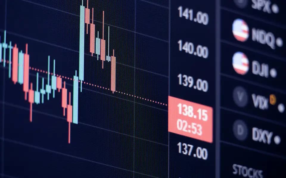 A candlestick chart with moving average lines on a dark screen