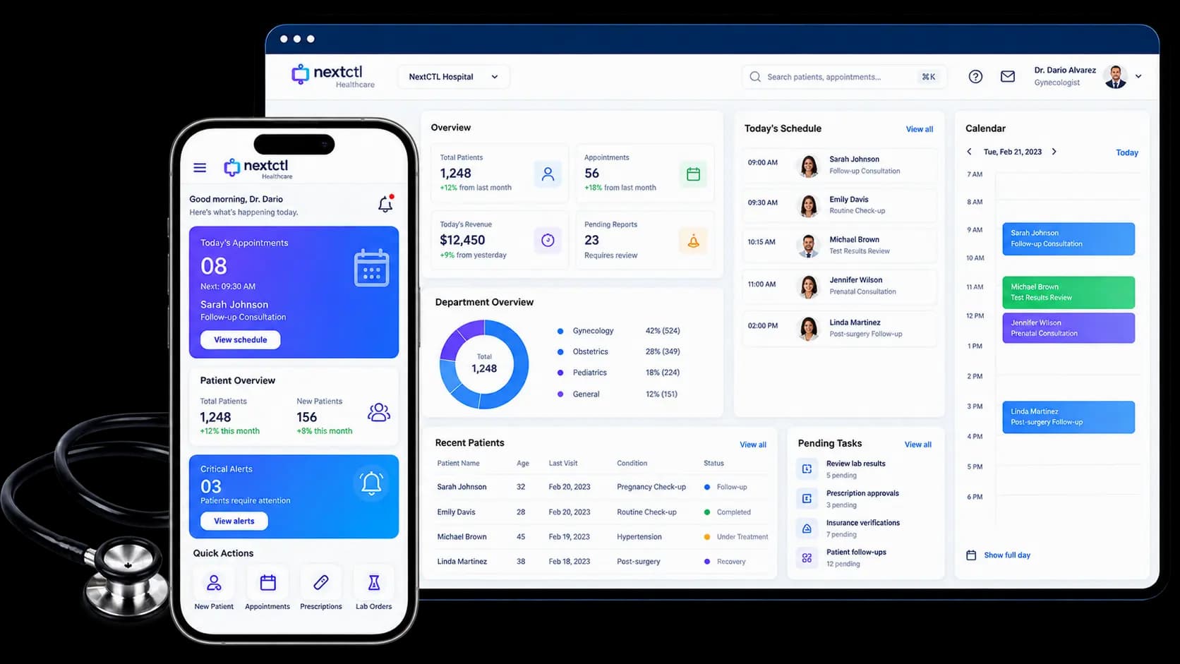 NextCTL Healthcare AI Dashboard, Mobile App, and Stethoscope Mockup