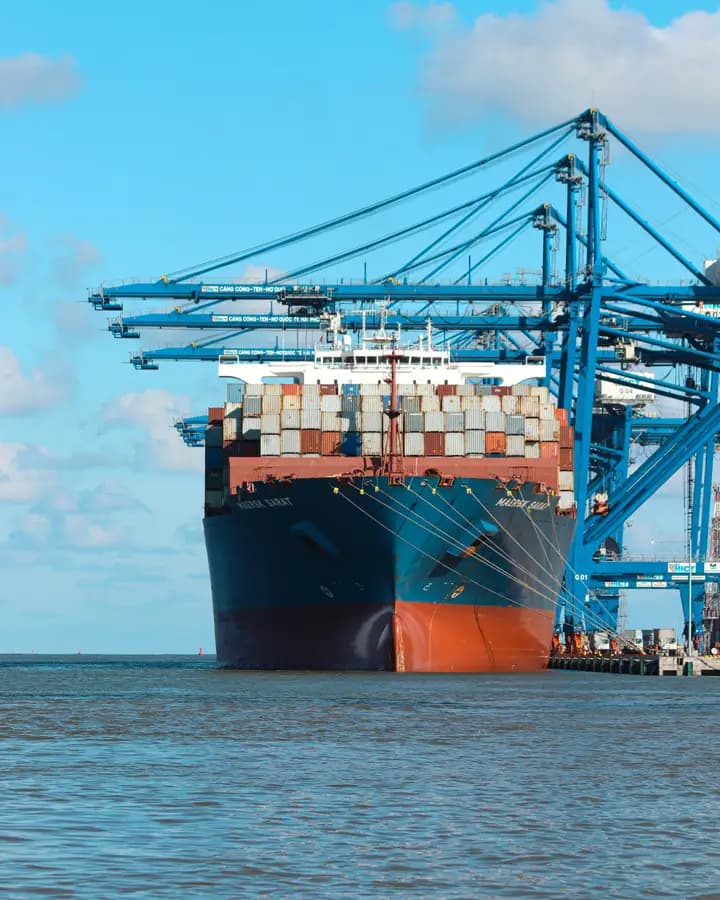 A container ship moored beneath blue quay cranes