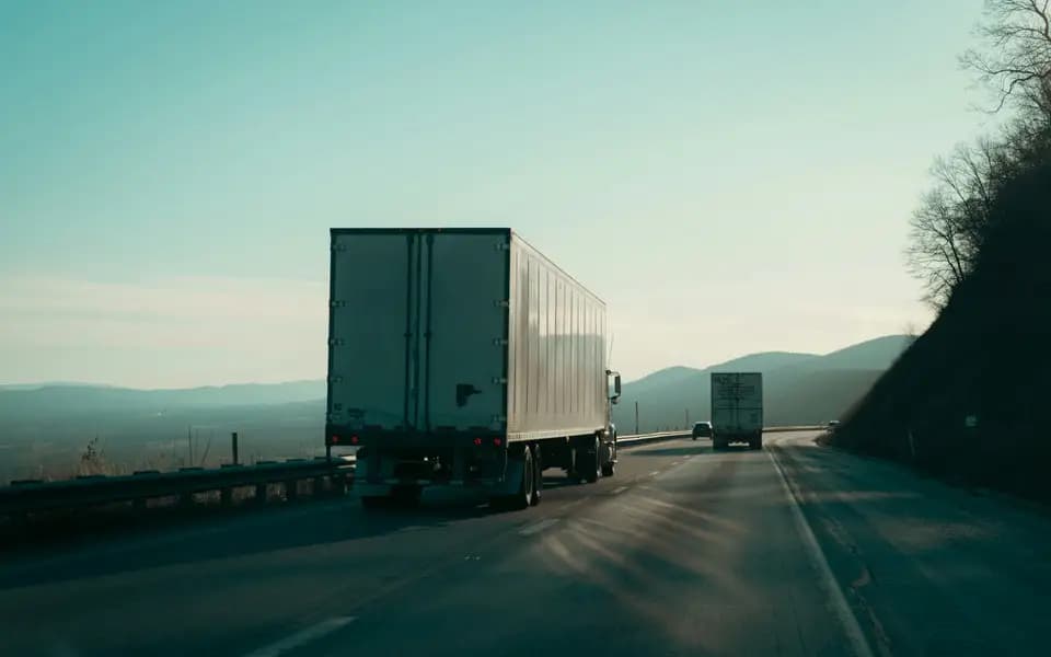 A white freight truck driving on a road at dusk