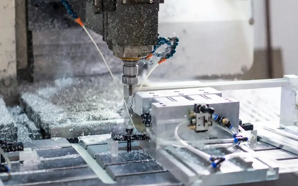 A CNC machine cutting metal with coolant spraying