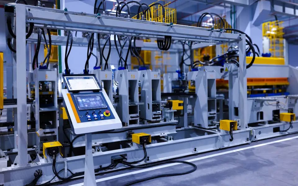 An industrial machine with a control panel and touchscreen on a production line