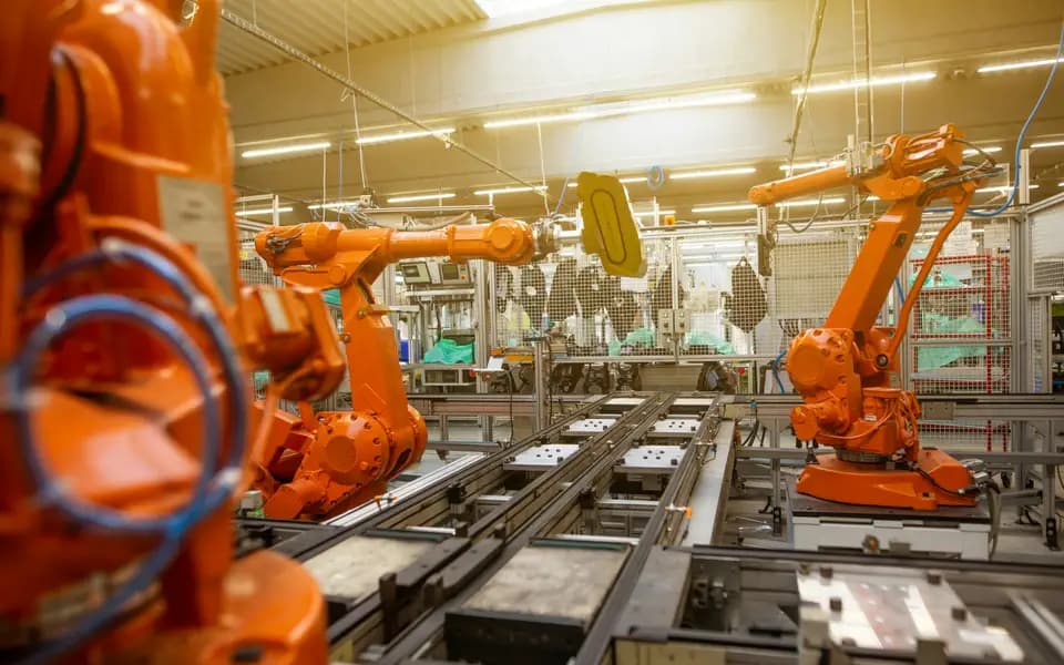 Orange robotic arms working along an assembly line
