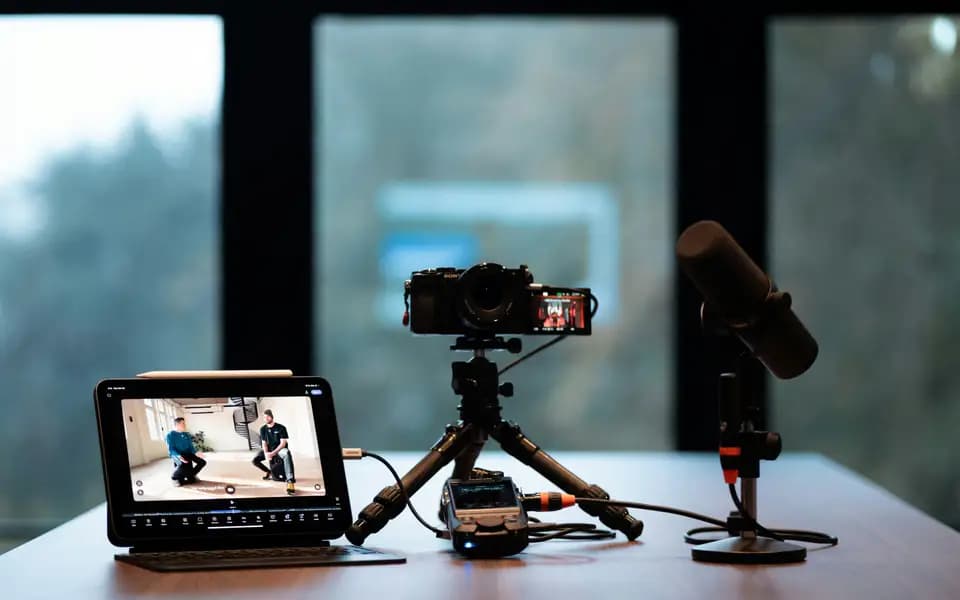 A recording desk with a camera on a tripod, a tablet and a microphone