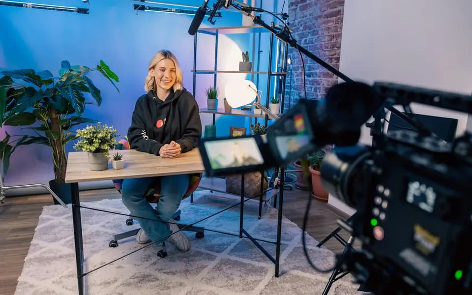 A creator sitting at a desk in a bright studio with lights and a camera