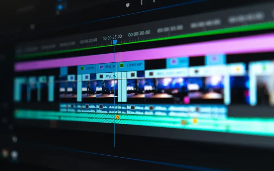A video editing timeline with colourful clips on a dark screen