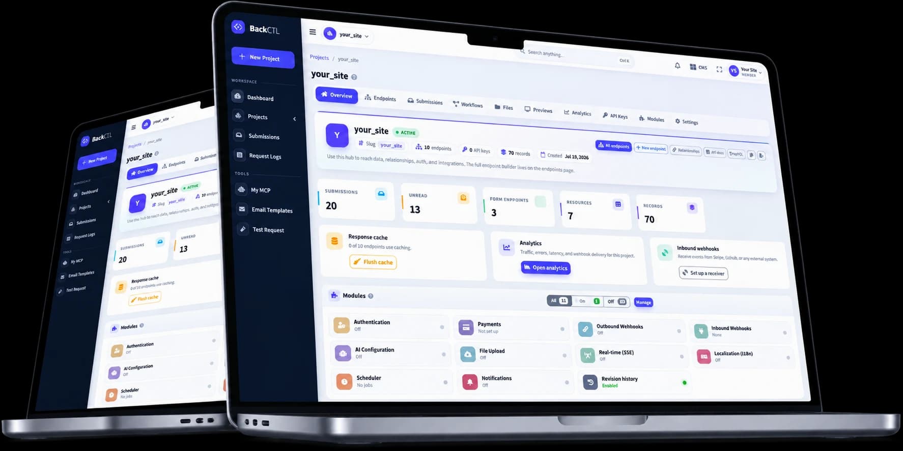 BackendCTL project dashboard on laptop and desktop — endpoints, submissions and module configuration in one panel