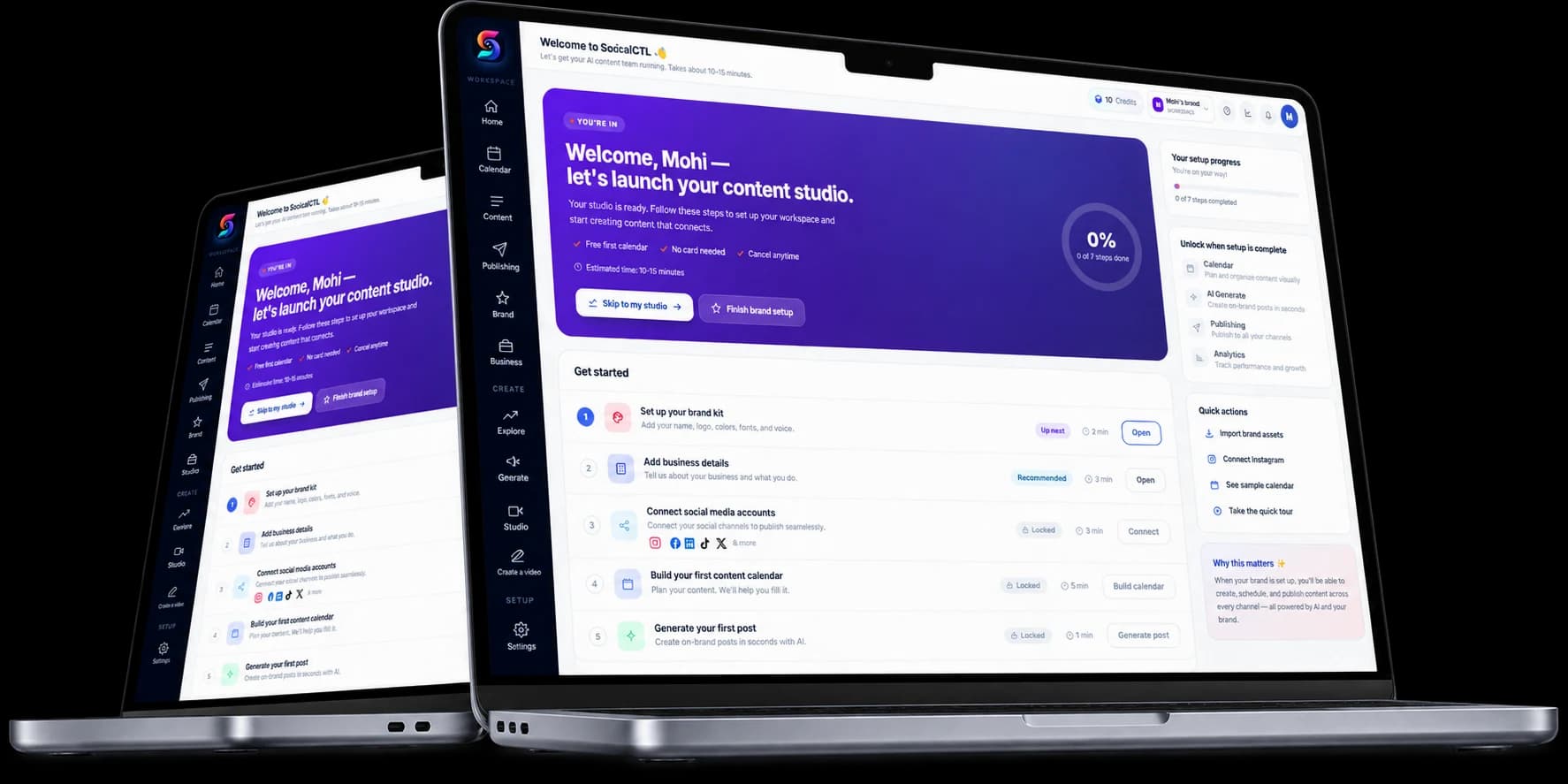 SocialCTL workspace shown on laptop and desktop — brand setup progress alongside the AI content studio