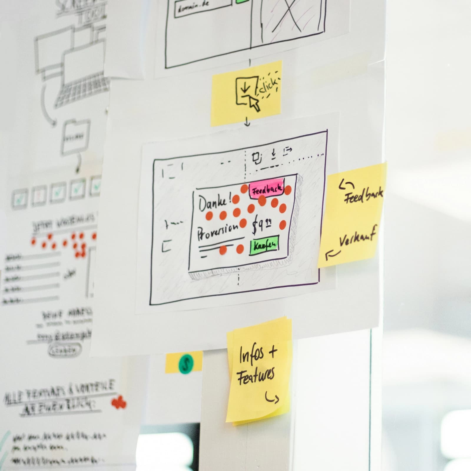 Sticky notes and hand-drawn wireframes on a glass wall