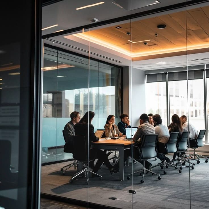 Dedicated development team collaborating in a modern conference room