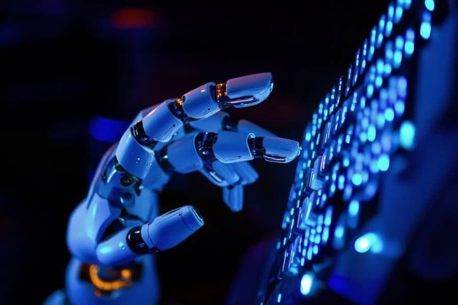 Human and AI robotic hands connecting at the fingertips representing seamless AI customer service handoff