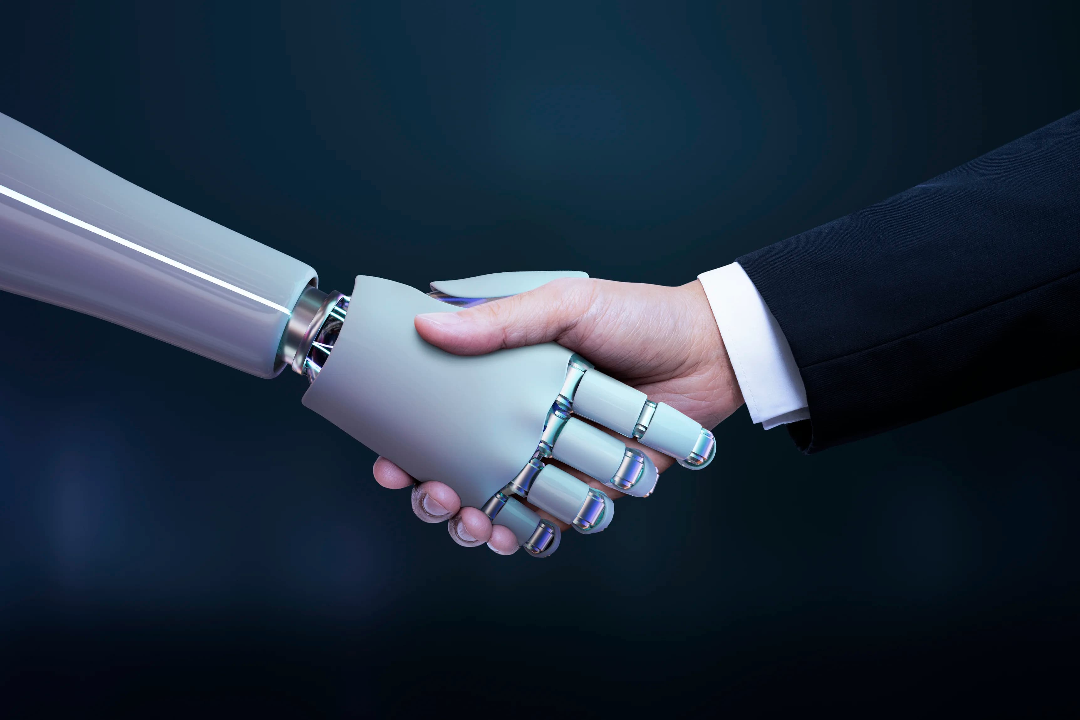 AI and human hands connecting seamless customer service handoff