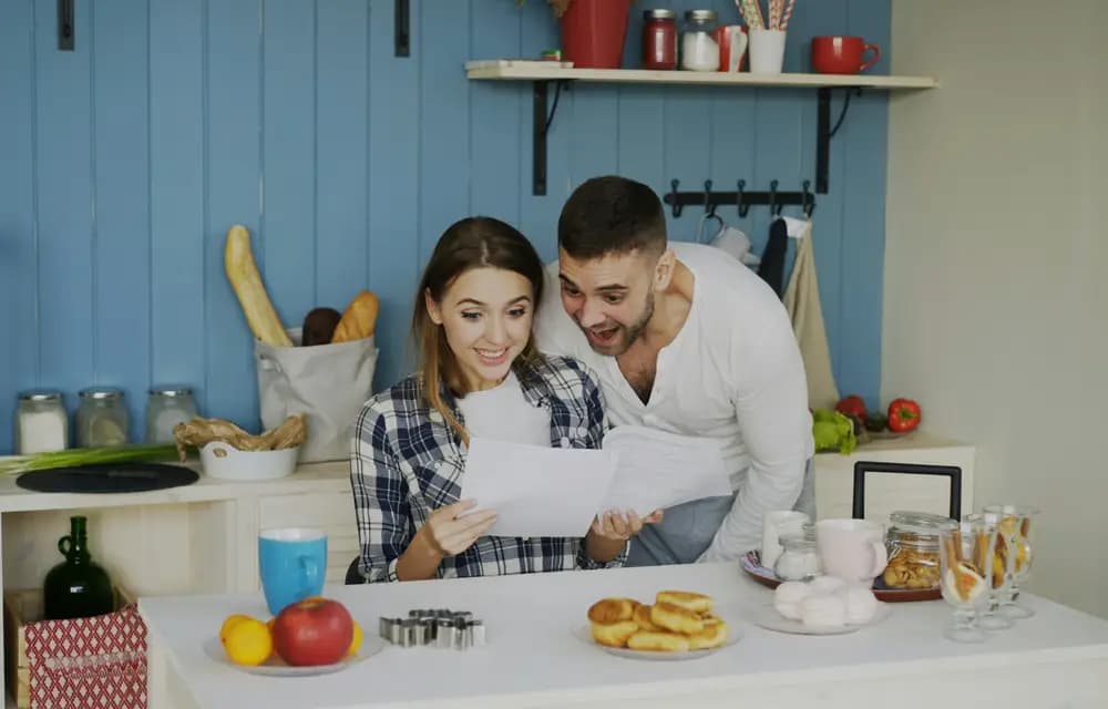 A couple smiling at a document together in a bright kitchen