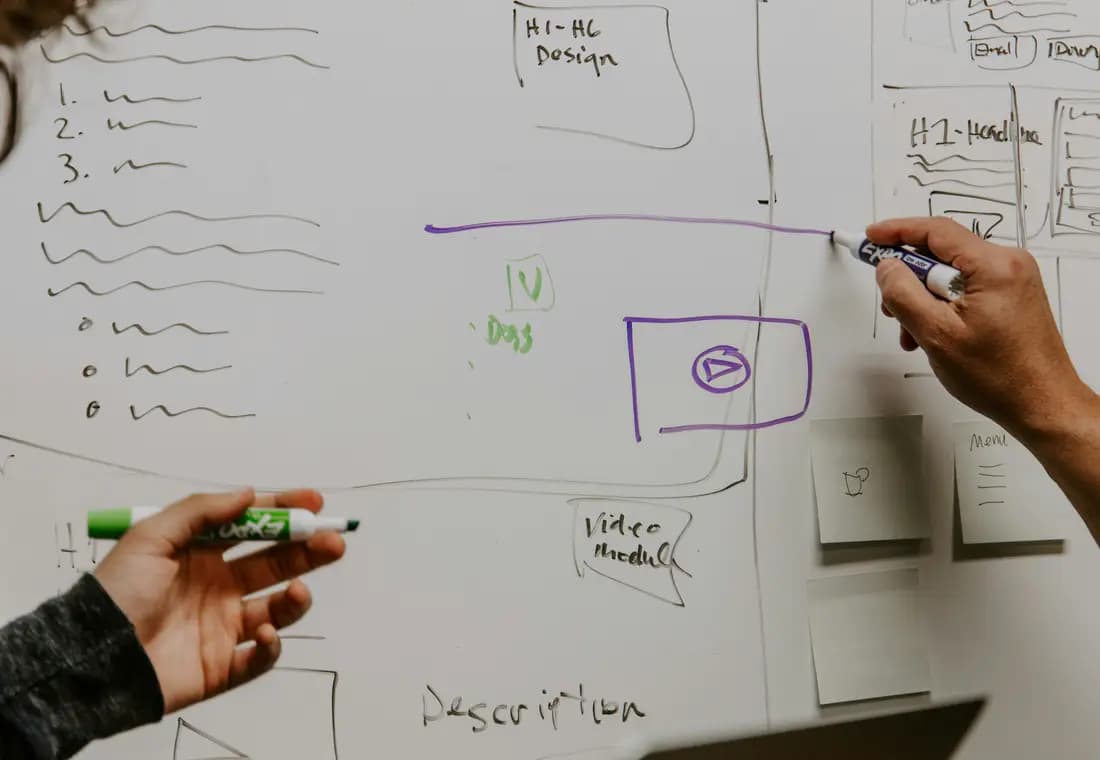 A person drawing a planning diagram on a whiteboard with a marker