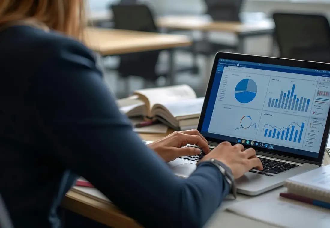 A person at a laptop reviewing charts and a data dashboard